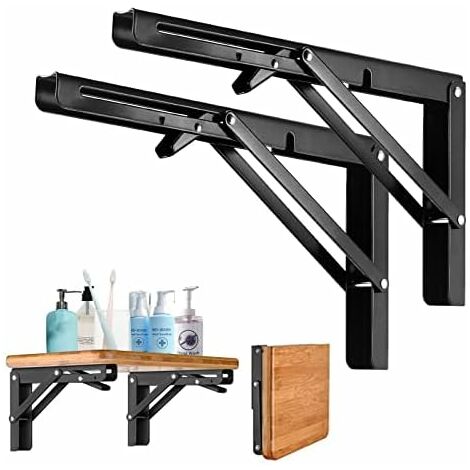 Folding Shelf Bracket 200MM, 2Pcs Cold Rolled Steel Folding Console Bracket, Folding Wall Shelf Bracket with Fixing Screws for Garage, Kitchen, Garden, Black