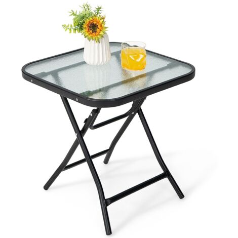 Folding Square Patio Bistro Table Tempered Glass Tabletop Outdoor Coffee Table
