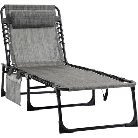 Folding Sun Lounger, Portable Reclining Camping Bed with 5-Position Adjustable Backrest, Pillow Included, Mixed Grey