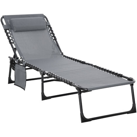 Folding Sun Lounger, Reclining Camping Bed with 5-Position Adjustable Backrest, Pillow, Grey