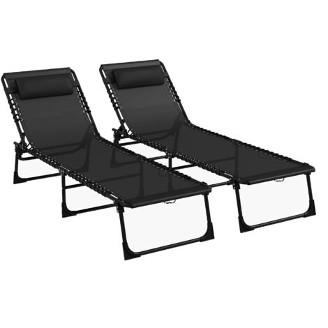 Folding Sun Loungers, Pair of Beach Chaise Chairs, 4-Position Adjustable, Portable for Camping, Black