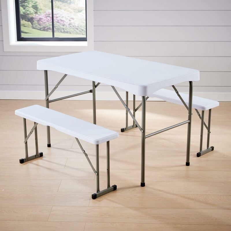 Folding Table and 2 Benches Trestle Set Camping Party Picnic bbq Garden Set