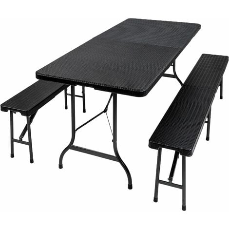 Folding table with benches in a rattan look - camping table, trestle table, folding table and chairs - black