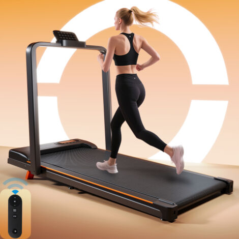Folding Treadmill with Handrail & Adjustable Incline, 1-10 km/h Running Machine, Space Saving Low Noise Design, LED Display, Phone Holder, Remote Control, Transport Wheels & Plug