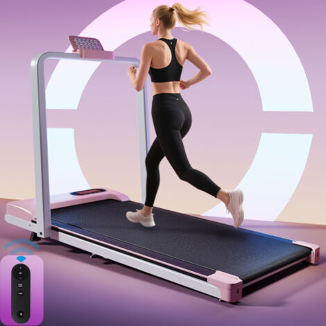 Folding Treadmill with Handrail & Adjustable Incline, 1-10 km/h Running Machine, Space Saving Low Noise Design, LED Display, Phone Holder, Remote Control, Transport Wheels & Plug, Pink.