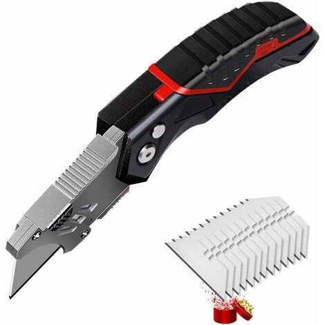 Folding Utility Knife with 13 Replaceable SK5 Blades, Heavy Duty Box Knife, Pocket Carpet Knife, Versatile Retractable Lockback Knife with Safety Lock and Angle Adjustment Button