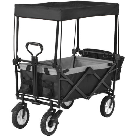 Folding Wagon Trolley Cart with Removable Canopy Utility Garden Cart Handcart 4 Wheels Push Pull Handle Front Cup Holder