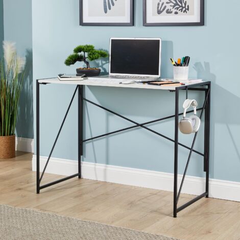 Folding White Compact Desk Storage Hook Wood and Metal Home Office Workstation
