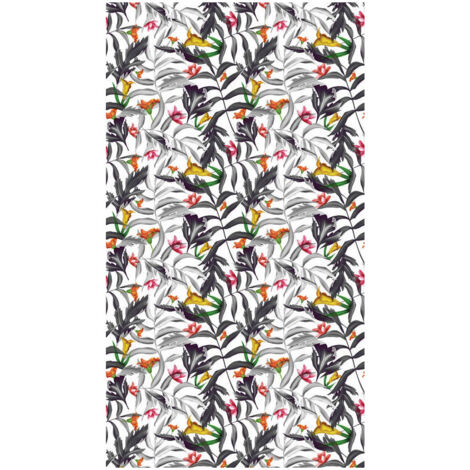 Foliage, rideau imprimé feuilles noir et blanc et fleurs colorées 140x245 cm, 1 pièce