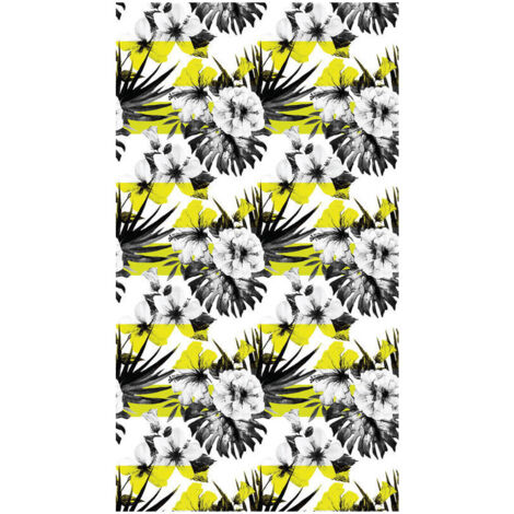 Foliage, rideau imprimé grand fleur noir et blanc fond jaune 140x245 cm, 1 pièce