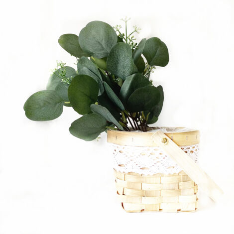 [Follaje artificial] [Juego de 24] [Hojas redondas de eucalipto con flores blancas] [Decoración festiva] [35 cm] [Plástico resistente] [Creaciones florales]