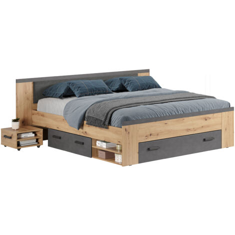 Follow Bett 180x200cm mit Nachttisch, Schubladen, Regalen auf beiden Seiten Eiche dekor, grau.