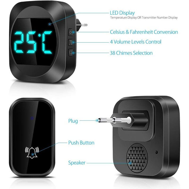 Forehill - Fonction de température de sonnette auto-générée sonnette sans fil one drag one black affichage de la température