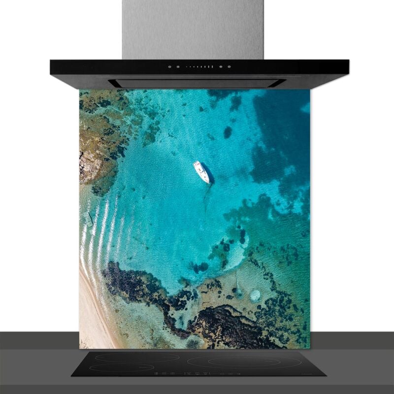 Hxadeco - Fond de hotte decorative, crique bleue bleu 60x70