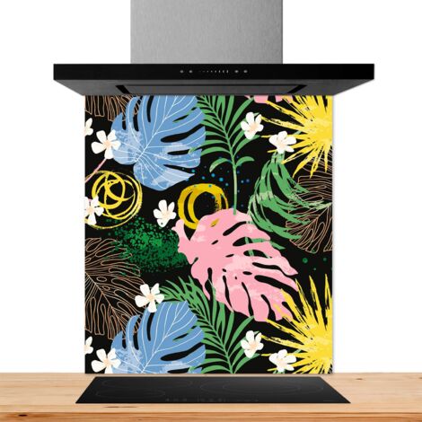 Fond de hotte décorative, monstera en folie multicolore 60x70 Fond de hotte
