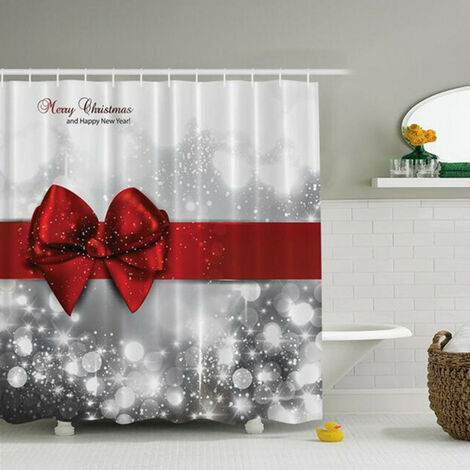 Fondo argento Nodo fiocco rosso Bagno 1pc Zerbino 3 pezzi Tappetino copriwater 180x180cm Tenda doccia Natale Decorazione natalizia