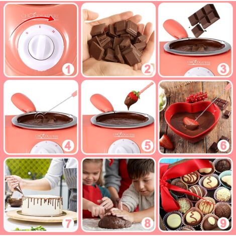 Fondue électrique chocolat double capacité 250ml, ensemble avec accessoires non-stick (spatule, outils, moules) couleur rose aluminium pour desserts, fruits, candies, caramel, brioches