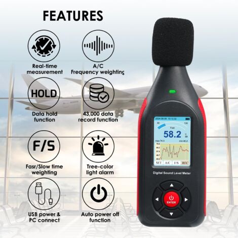 Fonometro Datalogger con allarme visivo, 43.000 Data Logger, Monitor SPL, Lettore di rumore, Schermo colorato, Collegamento al PC per casa, fabbrica, aula, ecc.