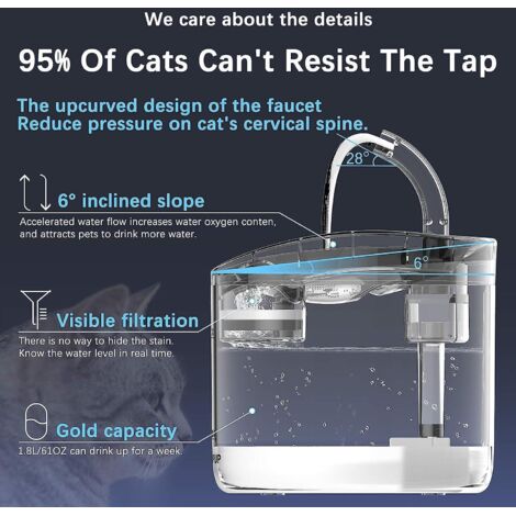 Fontaine à eau intelligente pour animaux de compagnie de 1,8 L avec 2 modes d'eau, filtre à charbon et pompe USB silencieuse