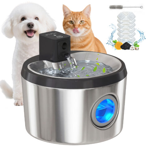 Fontaine à eau pour chat 4L sans fil, acier inoxydable, détecteur de mouvement, 6 filtres, double système de filtration, LED argent