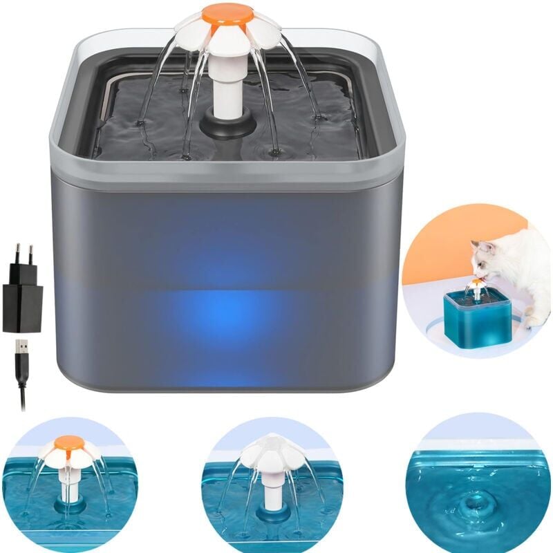 Fontaine à Eau pour Chat Chien 2 l, Distributeur Eau pour Chat Silencieux avec Filtre Remplaçable, Grise