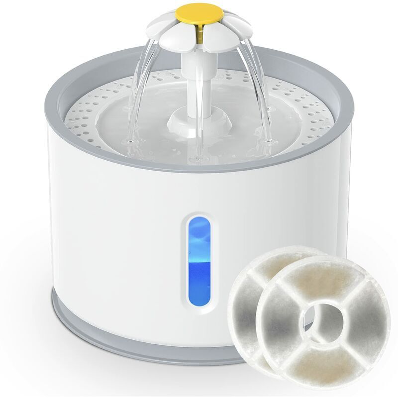 Fontaine à Eau pour Chat Chien Automatique 2,4L, Distributeur Eau Silencieux avec LED Fenêtre de Niveau d'eau et Filtre à Charbon Actif