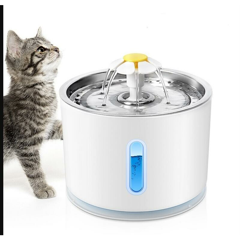 Fontaine à Eau pour Chat et Petit Chien 2.4L, Distributeur Eau pour Chat Silencieux avec 3 Filtre à Charbon Actif et Plateau en Acier Inoxydable,