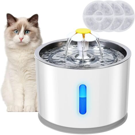 Fontaine à Eau pour Chat et Petit Chien 2.4L, Distributeur Eau pour Chat Silencieux avec 4 Filtre à Charbon Actif et Plateau en Acier Inoxydable, Veilleuse à LED