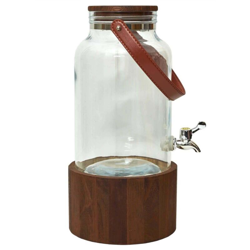 Fontaine à boisson en verre à anse avec couvercle et support en bois - 6L - Transparent/Marron- H 41 x D 20 cm - Livraison gratuite