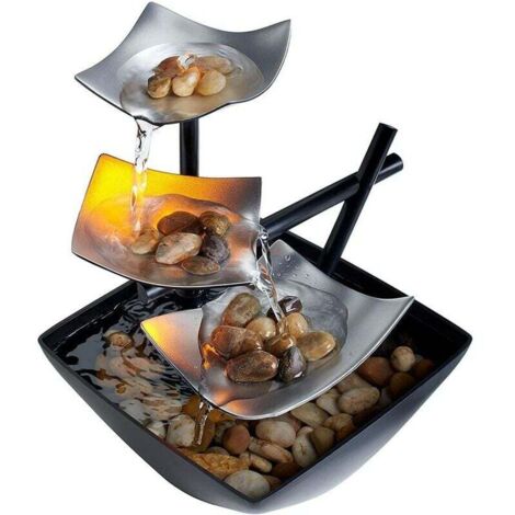 Fontaine de bureau décorative, 3 niveaux, pompe automatique avec interrupteur d'alimentation, noir/argent