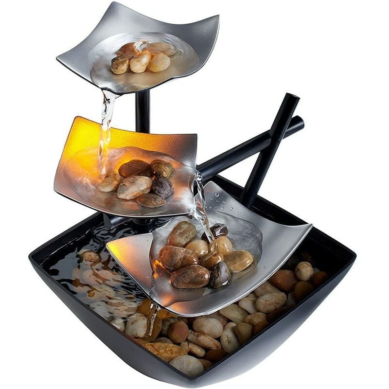 Jusch - Fontaine de bureau décorative, 3 niveaux, pompe automatique avec interrupteur d'alimentation, noir/argent