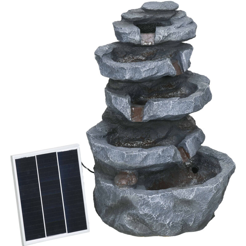 Fontaine de jardin à énergie solaire - fontaine roche cascade 5 niv. led pompe incluse - résine gris - Gris
