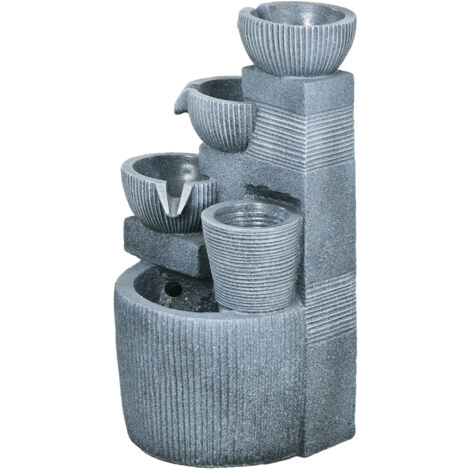 Fontaine de jardin aspect naturel, 4 niveaux, solaire, LED, hauteur 57cm, gris foncé