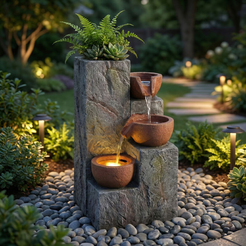 Fontaine de jardin 27x26x31 cm à 3 niveaux avec LED et jardinière intégrée, résine grise pour terrasse balcon