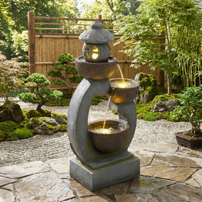 Fontaine d’extérieur LED style jardin japonais 25x44,5x95 cm, résine grise, pompe 500 L/h, lumière chaude