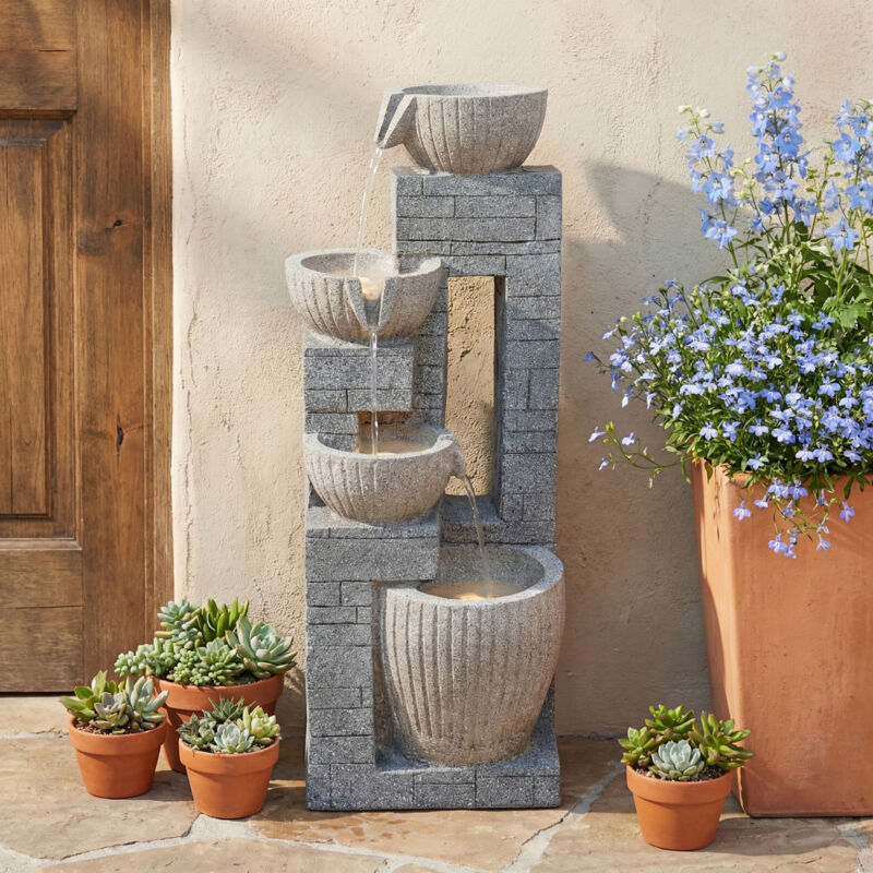 Fontaine de jardin LED 31,5x29x80 cm effet pierre, résine grise, pompe 355 L/h, pour terrasse et balcon
