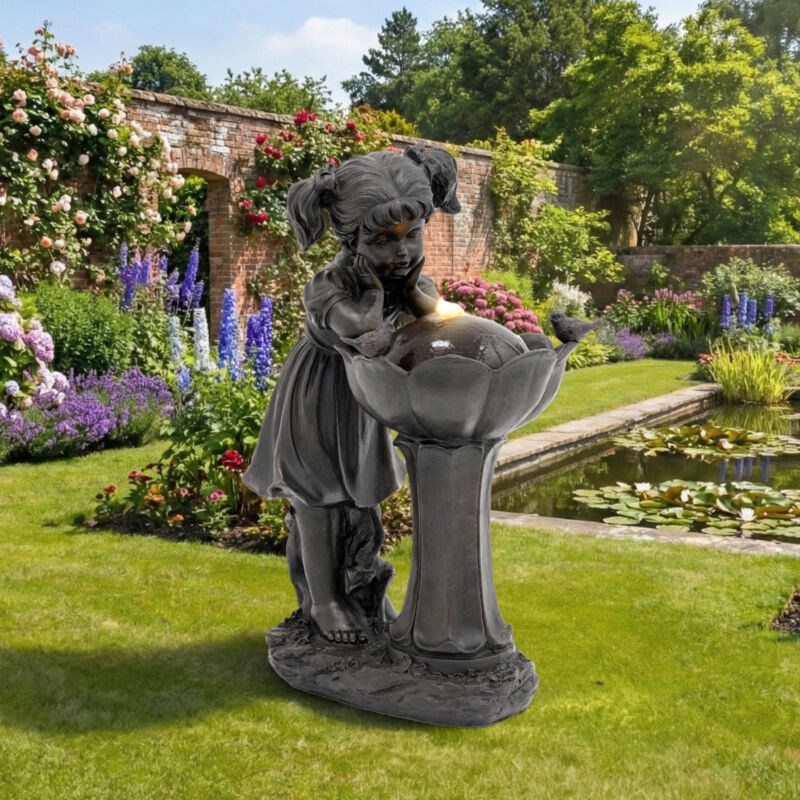 Fontaine d’extérieur LED 30x42x65,5 cm avec pompe, lumière chaude et résine bronze pour jardin terrasse balcon