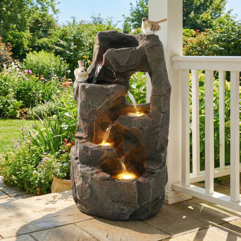 Fontaine de jardin extérieure LED 47 cm, effet pierre, avec pompe 300 l/h, résine grise, pour terrasse ou balcon