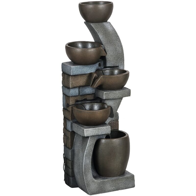 Outsunny - Fontaine d'eau extérieure 5 niveaux, fontaine de jardin avec lumières led, panneau solaire 3,7 kW, pompe, débit de 450L/h, en résine, gris