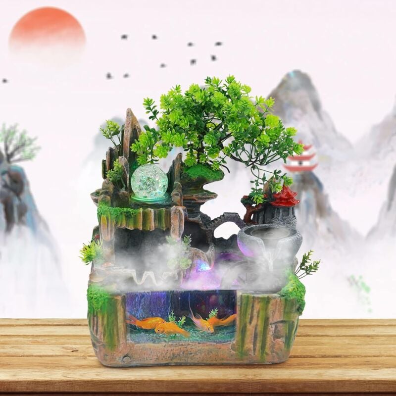 Fontaine d'intérieur avec éclairage led de brouillard - Fontaine de table - Pour aquarium - Résine - Fontaine de bureau avec plantes - Cascade
