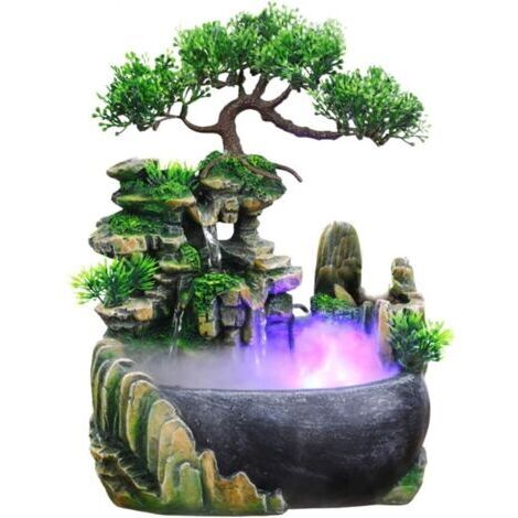 Fontaine d'intérieur avec éclairage LED, fontaine cascade de table avec brumisateur, fontaine aquarium de table en résine Gardin, fontaine d'intérieur avec lumière zen et plantes