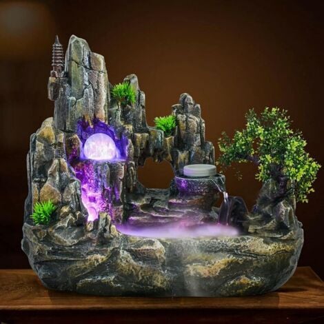 Fontaine d'intérieur Feng Shui - Avec boule de cristal LED et atomiseur - Fontaine de table avec jardin de pierres décoratives et étang - Jeu d'eau de bureau