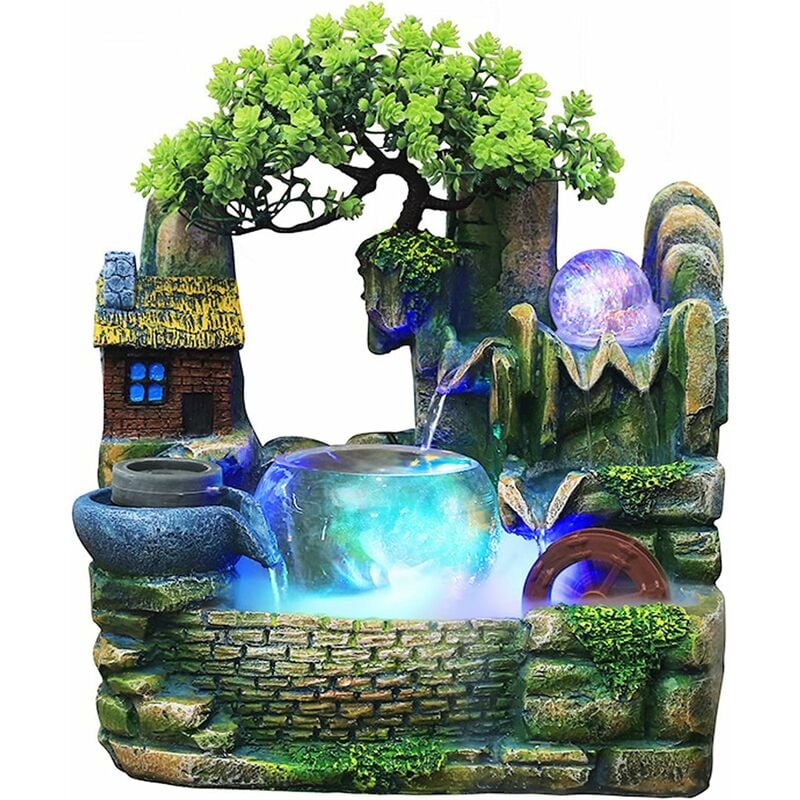 Fontaine d'intérieur cascade avec lumière paysage Fengshui rocaille - Vaporisateur - Humidificateur - Boule de cristal en résine - Décoration de