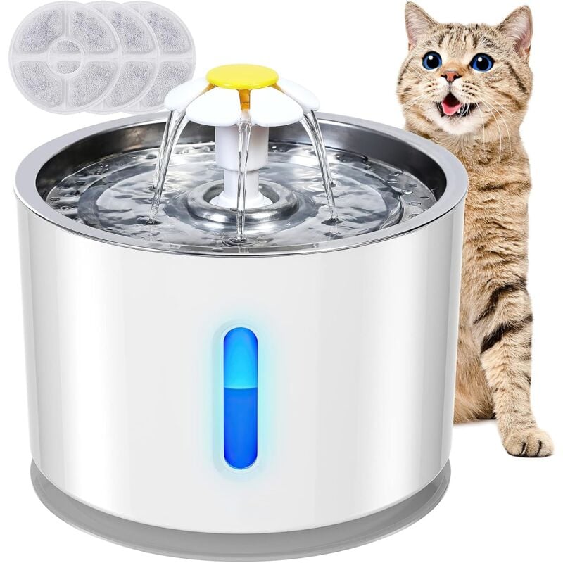 Fontaine à Eau pour Chat Chien 2.4L, Silencieux Fontaine Eau Chat avec LED Fenêtre de Niveau d'eau et 3 Filtre à Charbon Actif