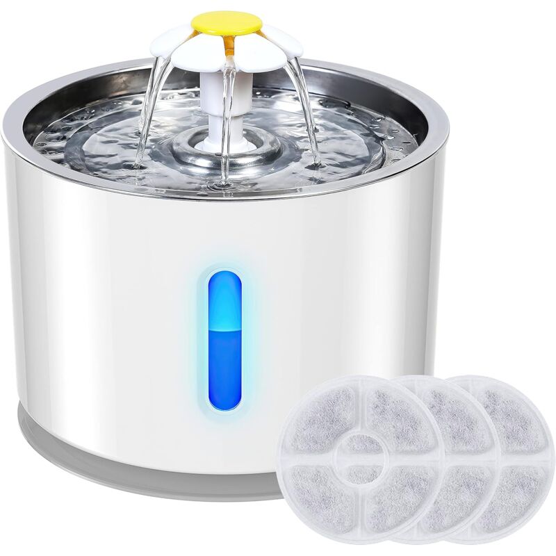 Fontaine à Eau pour Chat et Petit Chien 2.4L, Distributeur Eau pour Chat Silencieux avec 3 Filtre à Charbon Actif et Plateau en Acier Inoxydable,