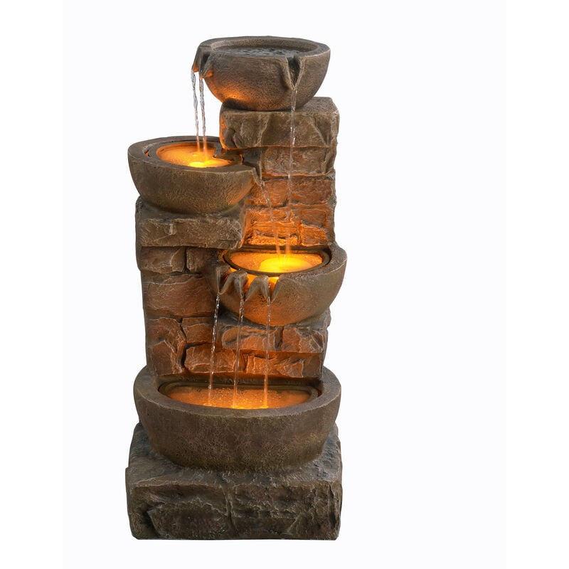 Teamson Home - Fontaine extérieure en cascade de bols et de pierres empilées de 33,27 pouces avec lumières led, marron