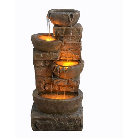 Fontaine extérieure en cascade de bols et de pierres empilées de 33,27 pouces avec lumières LED, marron, Teamson Home