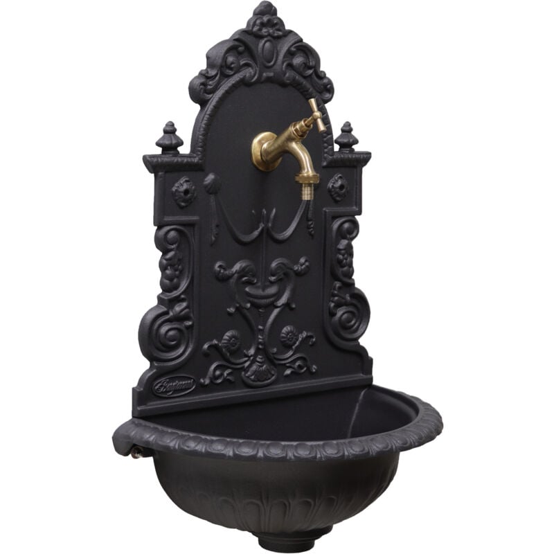 Fonderia Bongiovanni - Fontaine murale Granada en fonte grise pour jardin avec robinet en laiton bruni