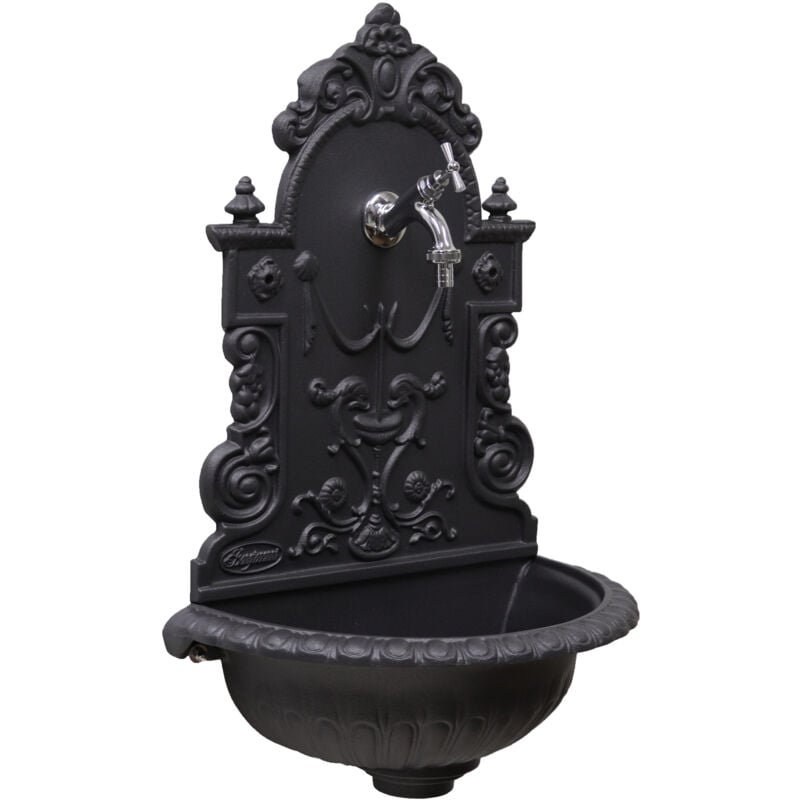 Fonderia Bongiovanni - Fontaine murale Granada en fonte grise pour jardin avec robinet en laiton chrome