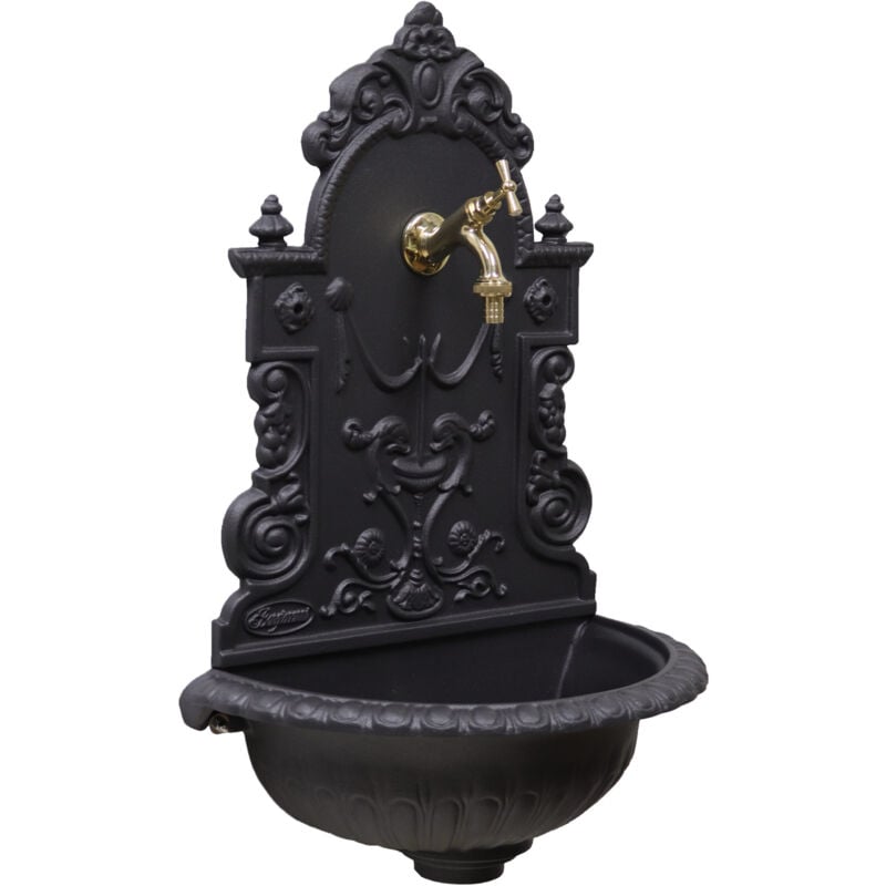Fonderia Bongiovanni - Fontaine murale Granada en fonte grise pour jardin avec robinet en laiton poli